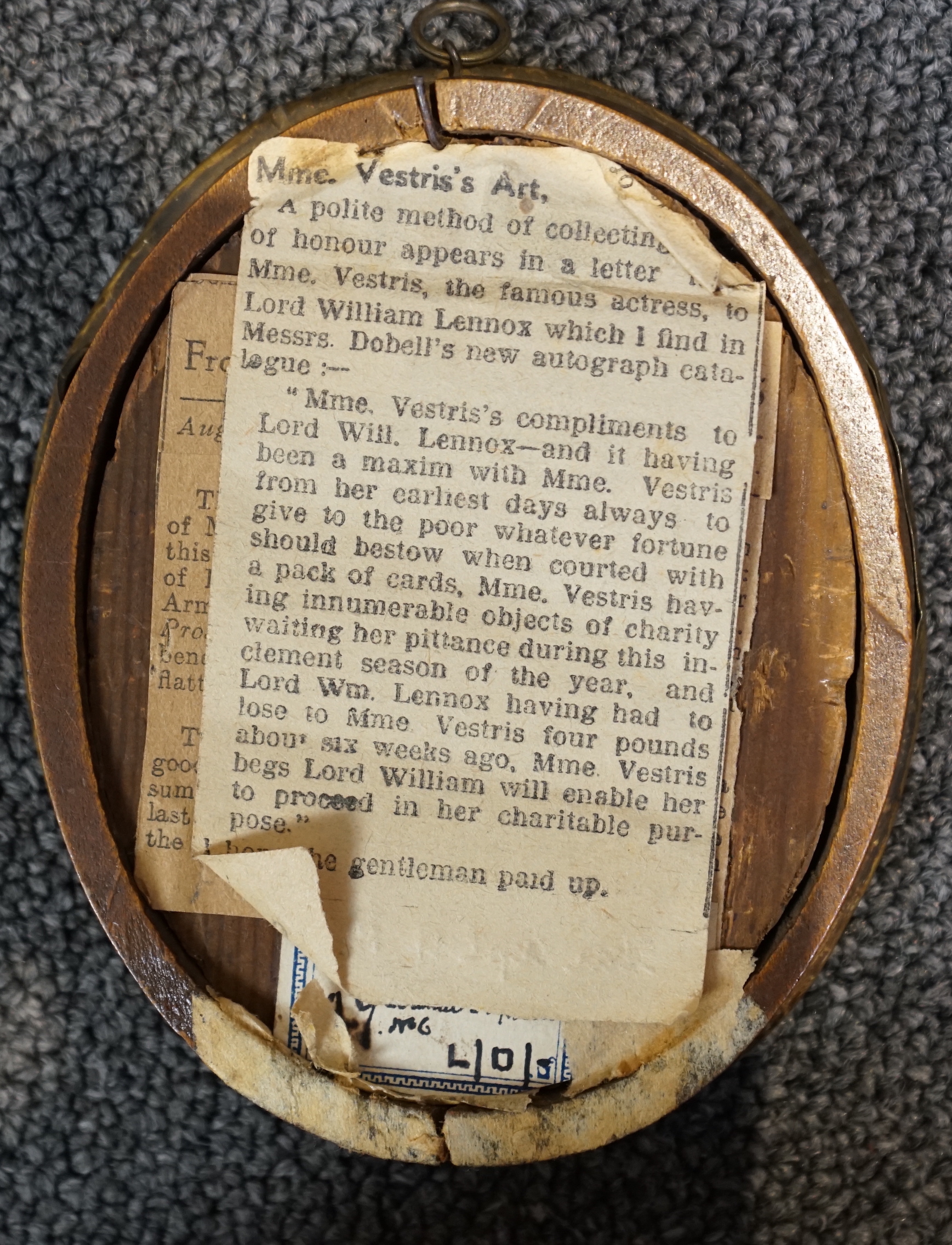 19th century French School, Portrait miniature of the actress Mademoiselle Vestris, watercolour on ivory, 9 x 7cm. CITES Submission reference Q2MK4M57